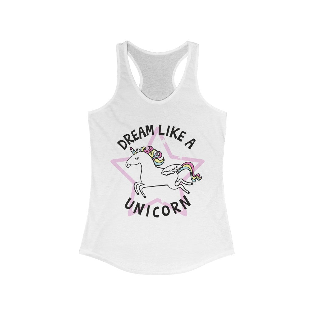 A stylish Dream Like a Unicorn Racerback Tank Top featuring a slim fit design, made from soft cotton and polyester blend, perfect for casual wear.