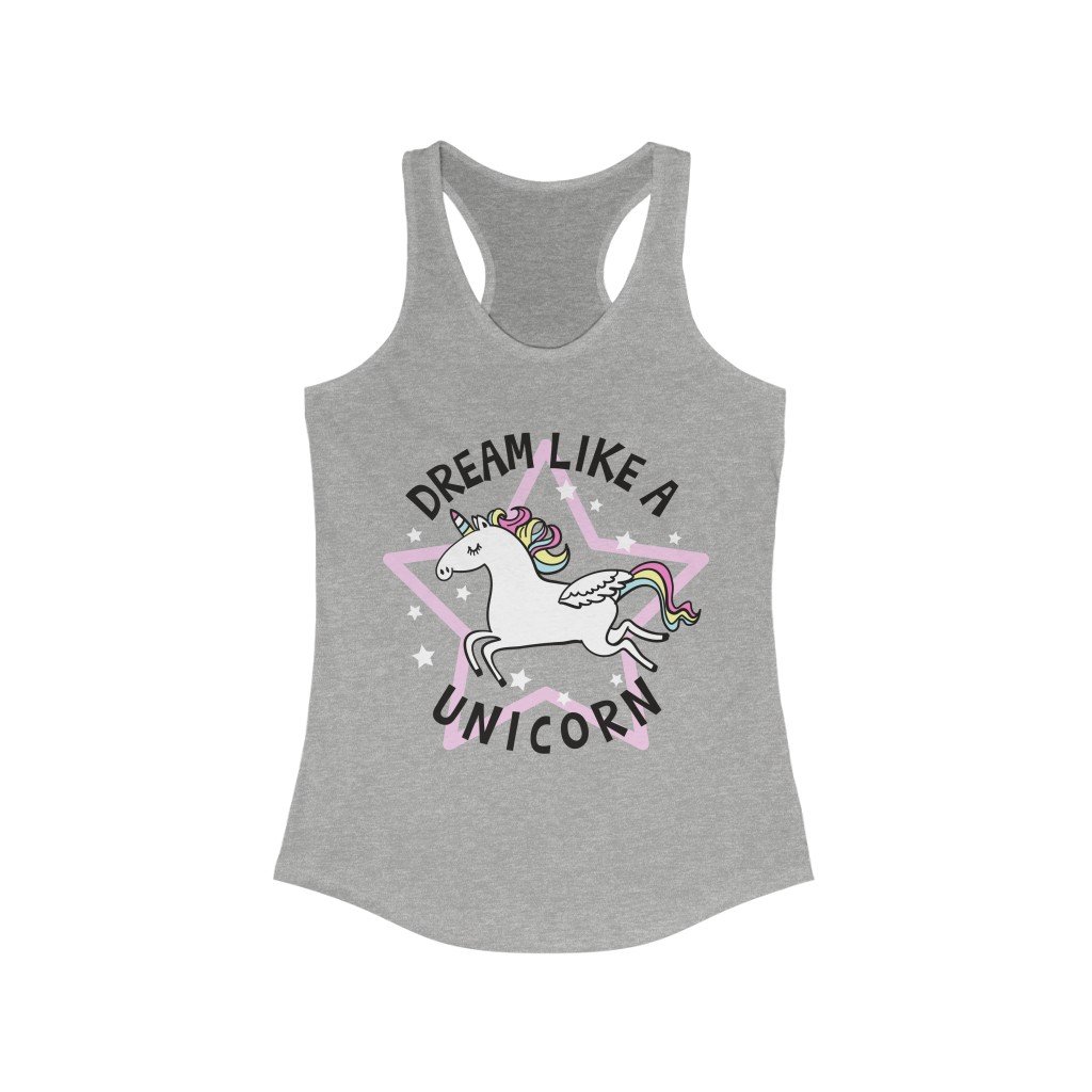 A stylish Dream Like a Unicorn Racerback Tank Top featuring a slim fit design, made from soft cotton and polyester blend, perfect for casual wear.