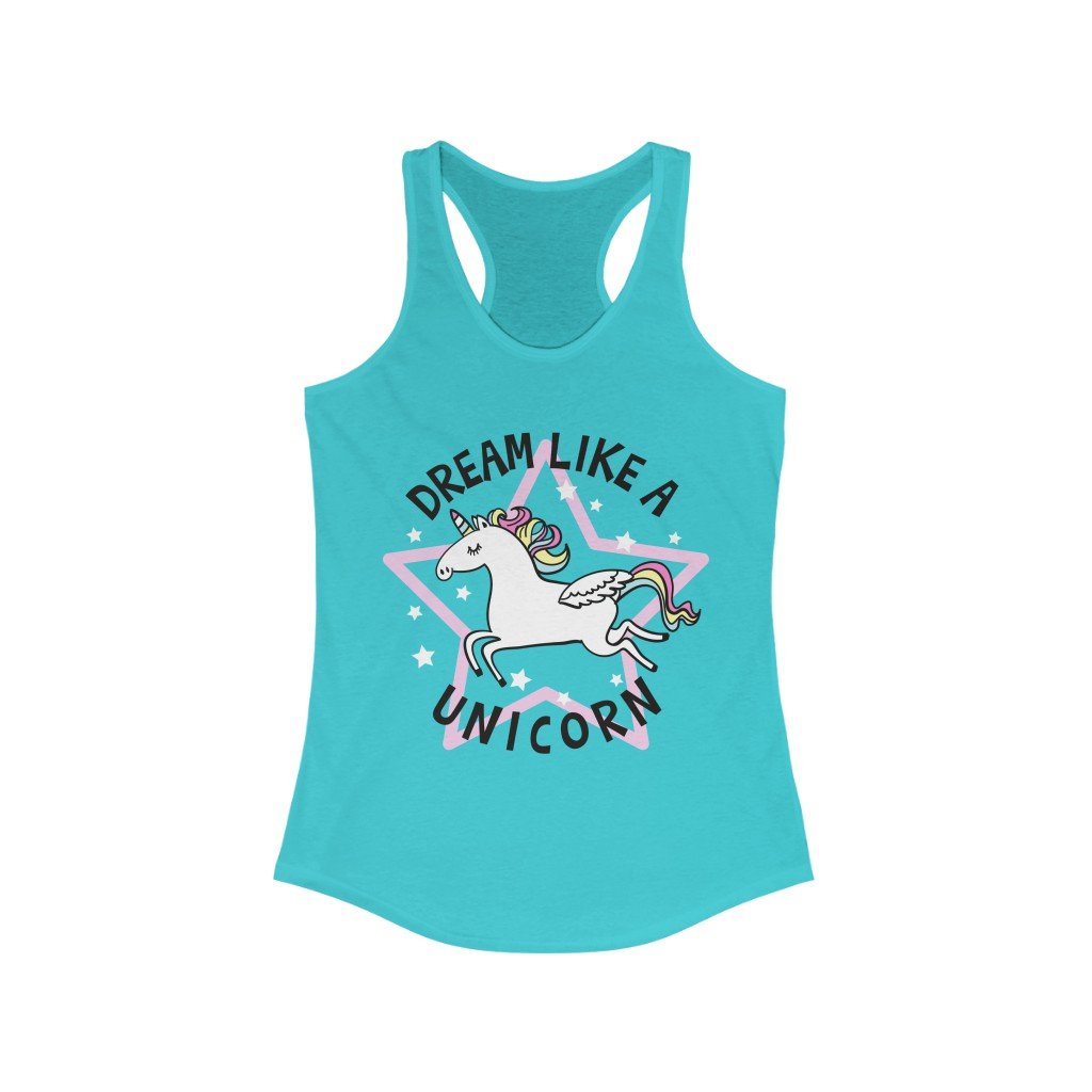 A stylish Dream Like a Unicorn Racerback Tank Top featuring a slim fit design, made from soft cotton and polyester blend, perfect for casual wear.