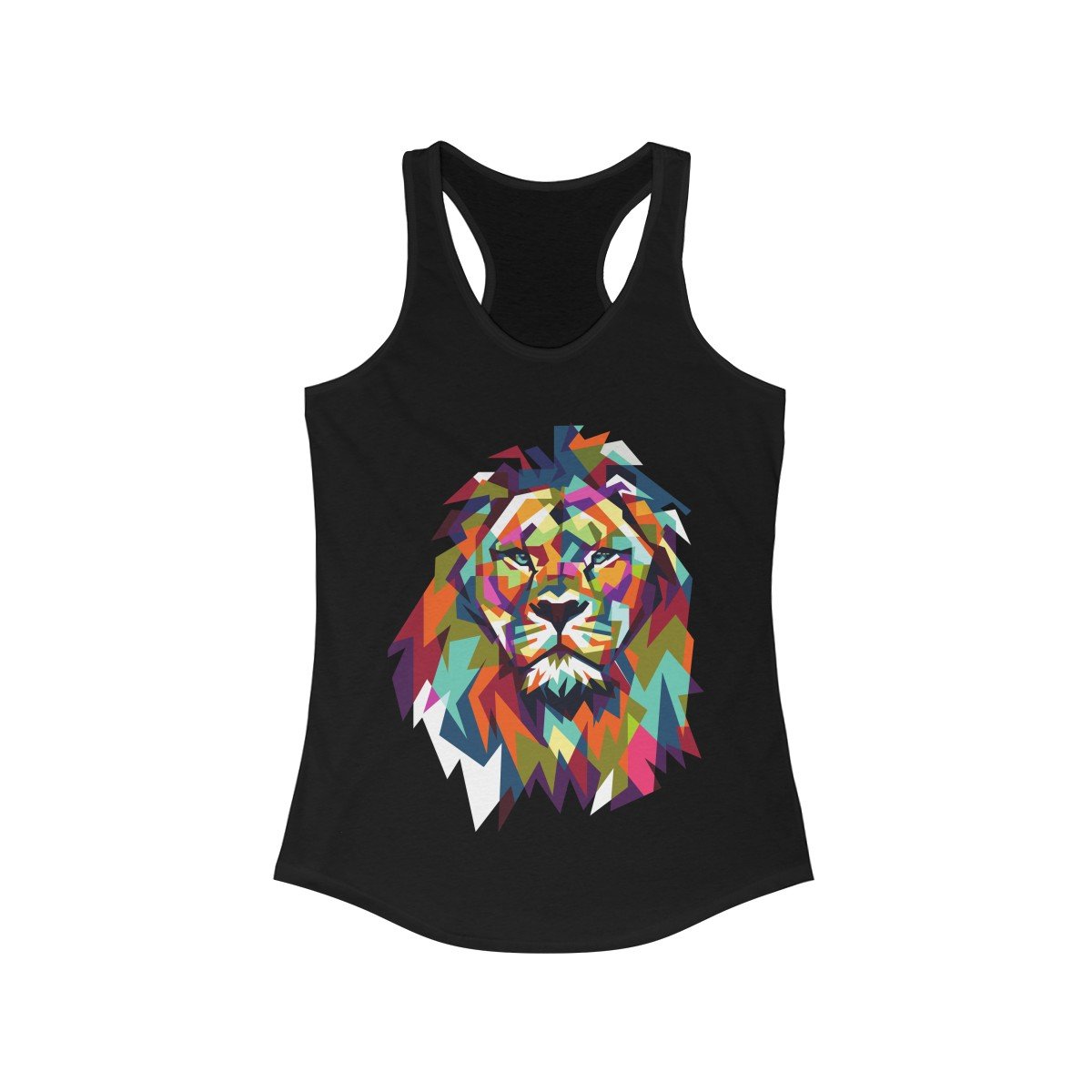 Colorful Lion Graphic Racerback Tank Top featuring a vibrant lion design, soft fabric, and a flattering fit for women.