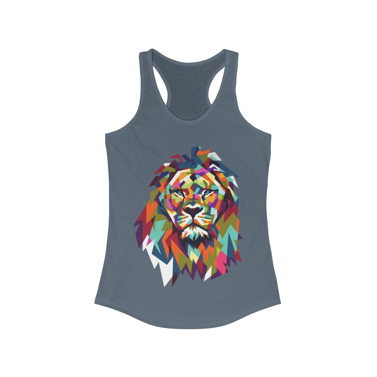 Colorful Lion Graphic Racerback Tank Top featuring a vibrant lion design, soft fabric, and a flattering fit for women.