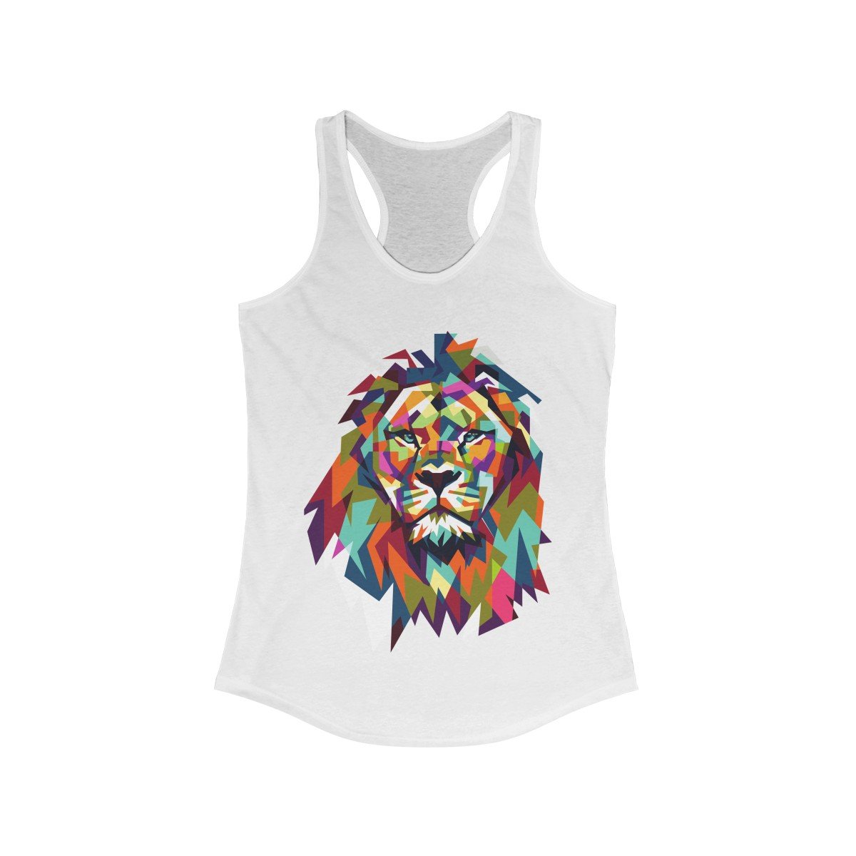 Colorful Lion Graphic Racerback Tank Top featuring a vibrant lion design, soft fabric, and a flattering fit for women.