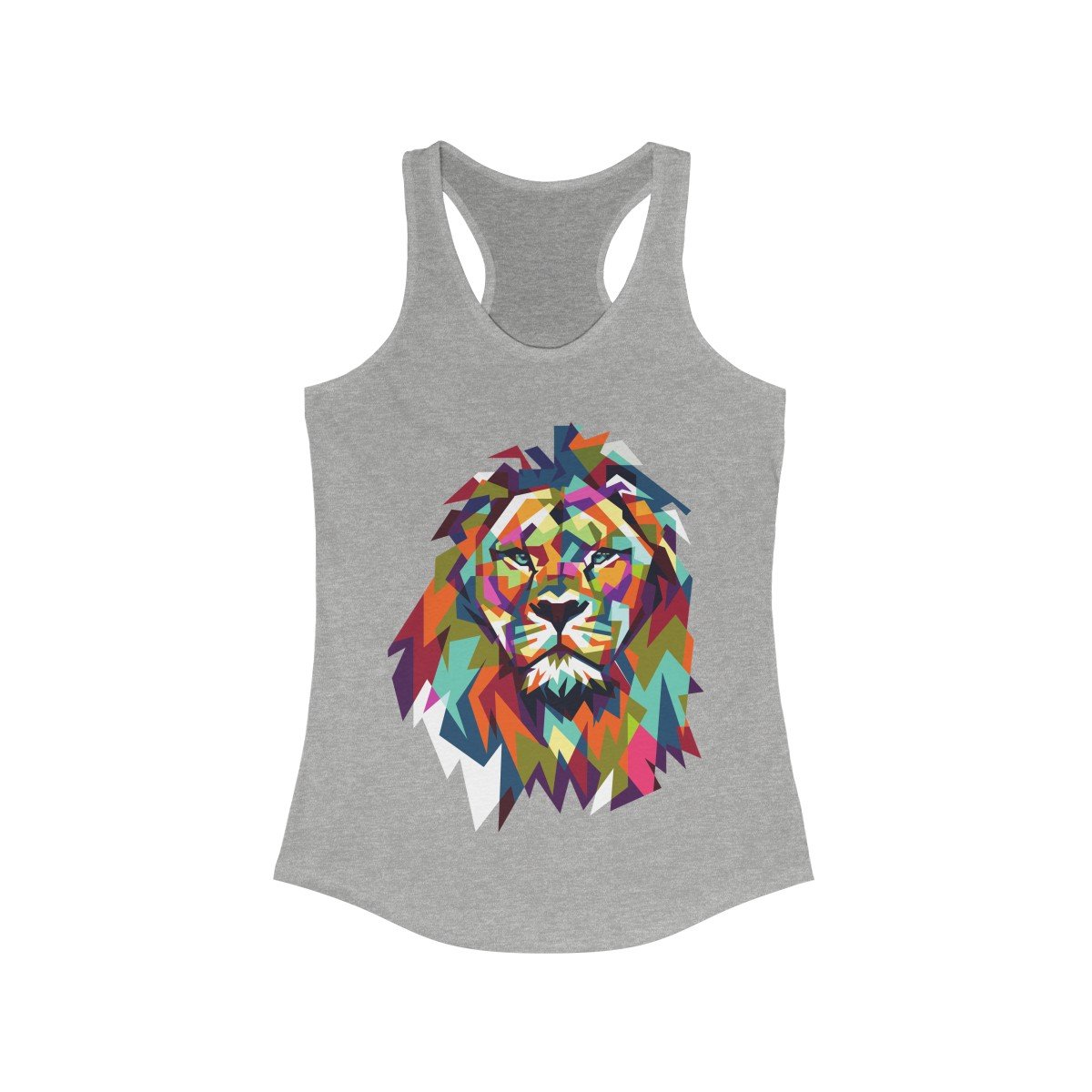 Colorful Lion Graphic Racerback Tank Top featuring a vibrant lion design, soft fabric, and a flattering fit for women.