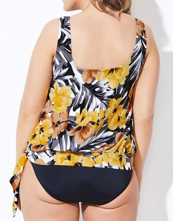 Everlasting Floral Side Tie Blouson Tankini Top featuring a floral pattern, scoopneck design, and side-tie hemline for a stylish beach look.