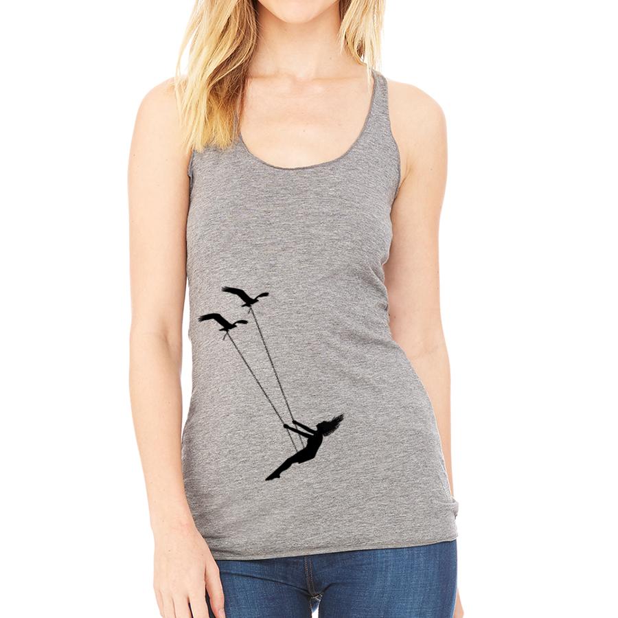 Flying Bird Swing Racerback Tank Top featuring a whimsical bird design, perfect for casual wear and active lifestyles.