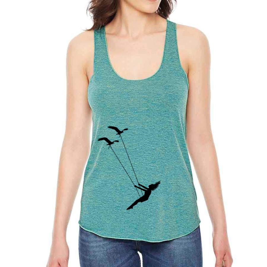 Flying Bird Swing Racerback Tank Top featuring a whimsical bird design, perfect for casual wear and active lifestyles.