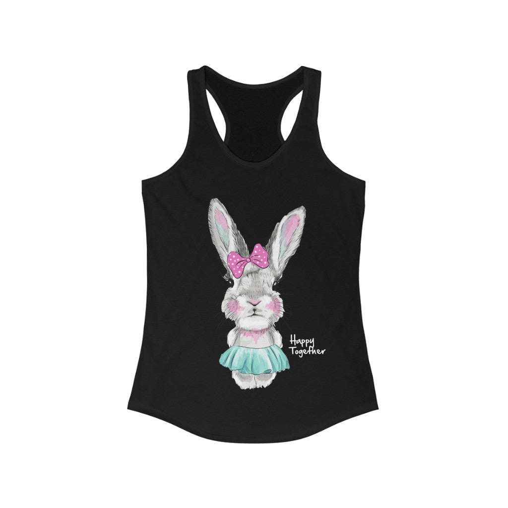 Happy Together Bunny Racerback Tank Top featuring a cute bunny graphic, slim fit design, and lightweight fabric.