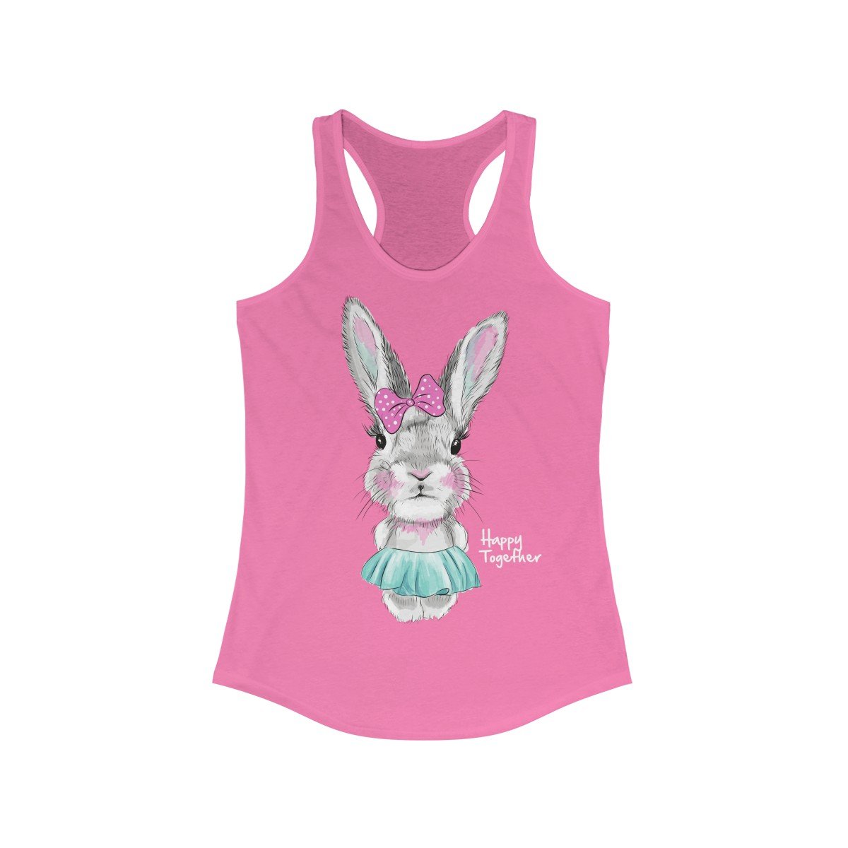 Happy Together Bunny Racerback Tank Top featuring a cute bunny graphic, slim fit design, and lightweight fabric.