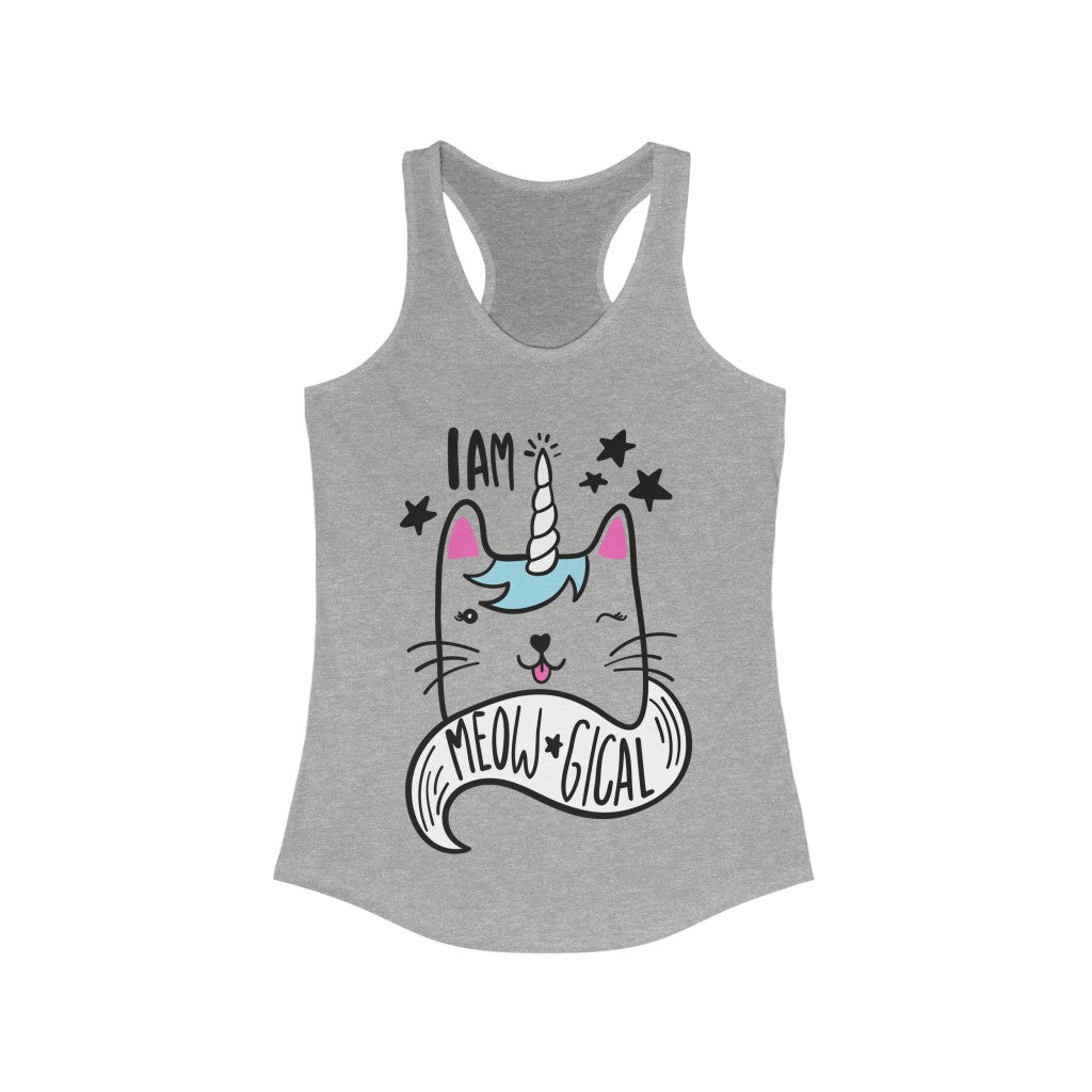 I am Meowgical Unicorn Racerback Tank Top featuring a whimsical unicorn design, slim fit, and lightweight fabric.