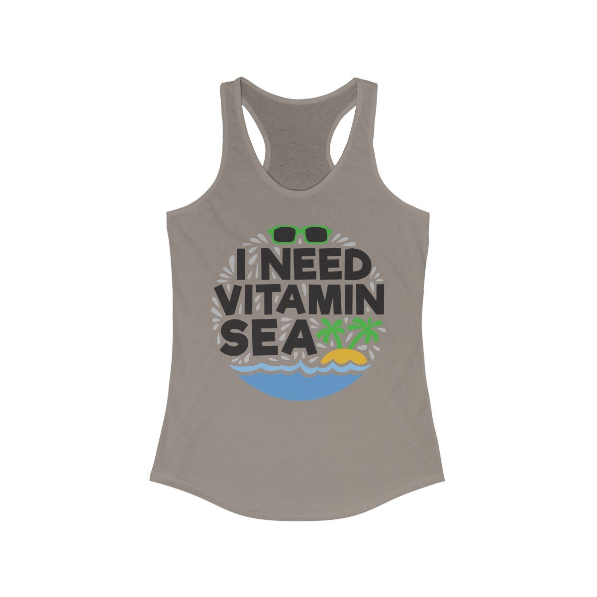 I Need Vitamin Sea Racerback Tank Top in a vibrant color, showcasing a slim fit design with a playful beach-themed print.