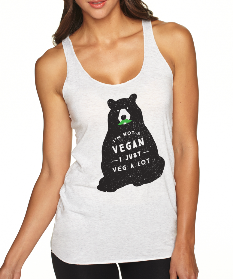 A soft, lightweight tank top with the slogan 'I'm Not A Vegan, I Just Veg A Lot' printed on it, showcasing a contemporary loose fit.