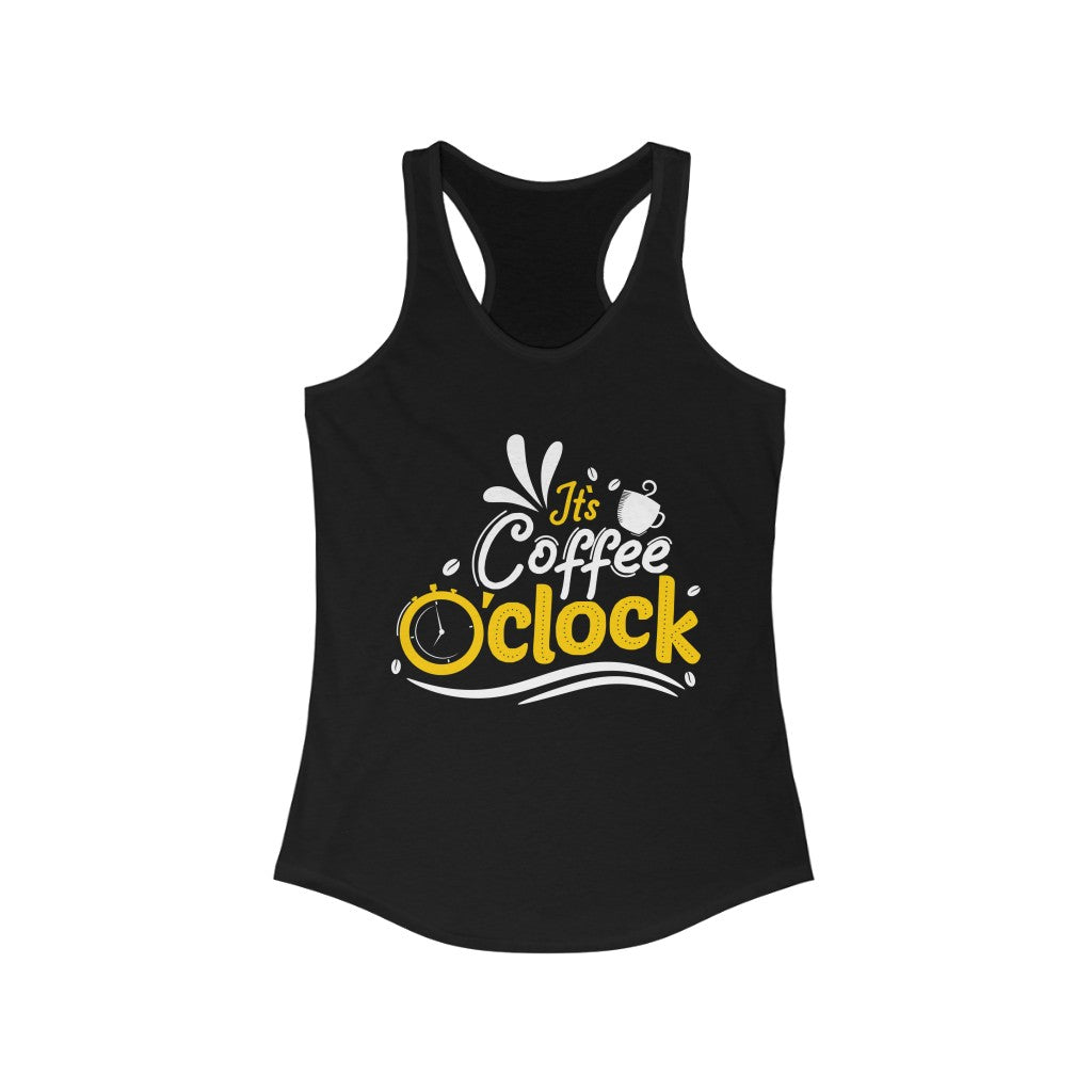 A stylish It's Coffee O'clock Racerback Tank Top featuring a slim fit design, made from soft cotton and polyester blend, perfect for coffee lovers.