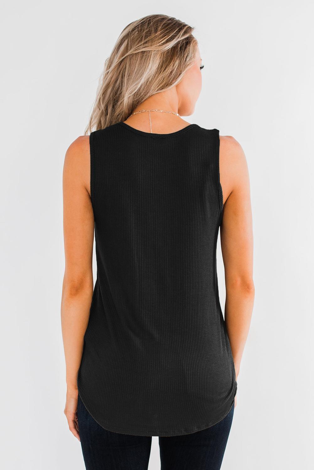 A stylish black tank top featuring a ribbed texture and a decorative 3-button detail, perfect for summer layering.