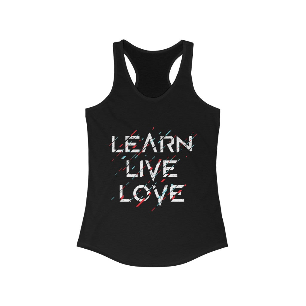 Learn Live Love Racerback Tank Top in a slim fit, made from soft cotton and polyester blend, perfect for workouts and casual wear.