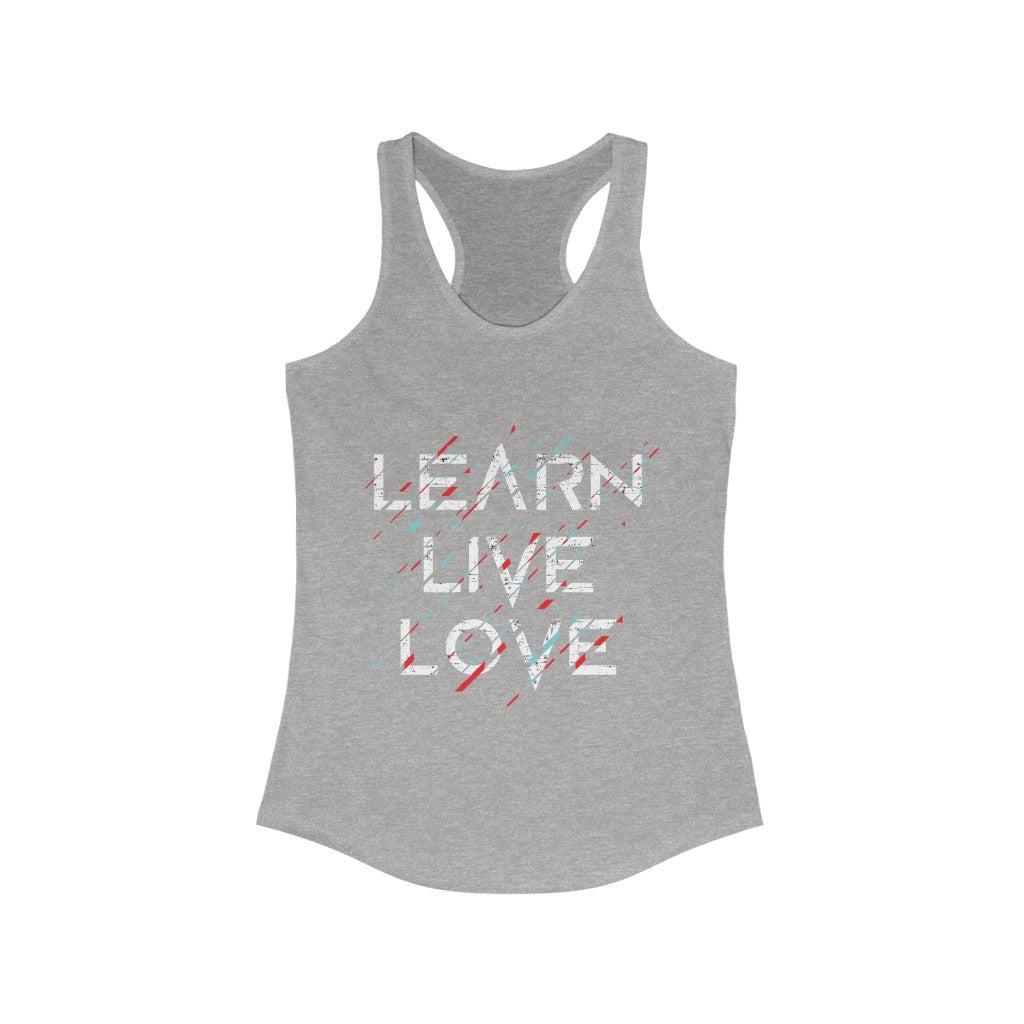 Learn Live Love Racerback Tank Top in a slim fit, made from soft cotton and polyester blend, perfect for workouts and casual wear.