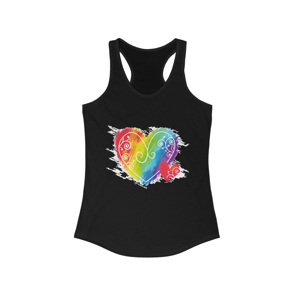 LGBT Rainbow Heart Women's Ideal Racerback Tank Top featuring a vibrant rainbow heart design on a slim fit tank top.