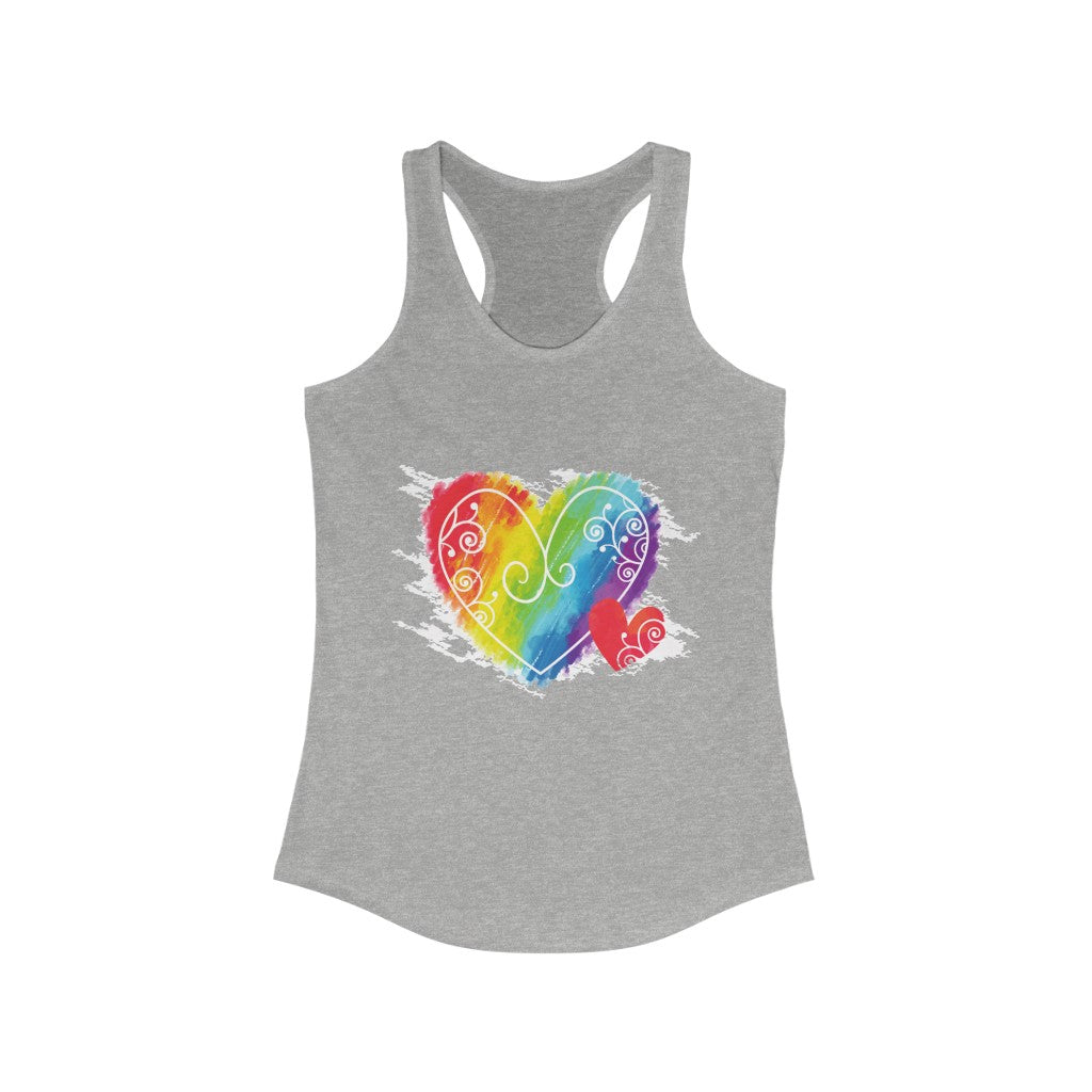 LGBT Rainbow Heart Women's Ideal Racerback Tank Top featuring a vibrant rainbow heart design on a slim fit tank top.