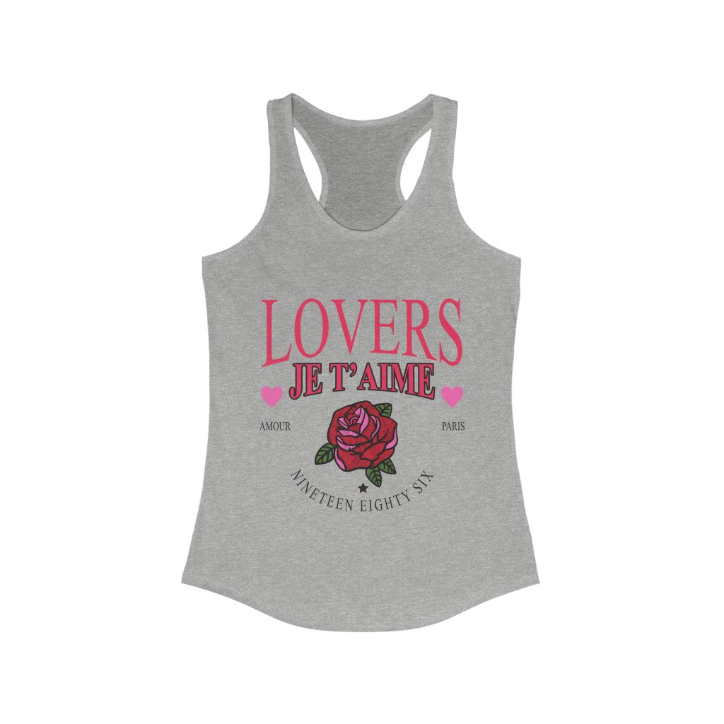 Lovers Je t' Aime Racerback Tank Top in a slim fit, showcasing soft cotton and polyester blend fabric, perfect for casual wear or workouts.