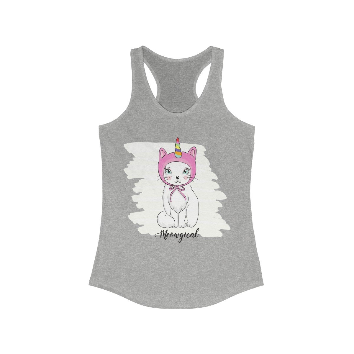 Meowgical Unicorn Racerback Tank Top featuring a slim fit design, soft cotton blend fabric, and a playful unicorn graphic.