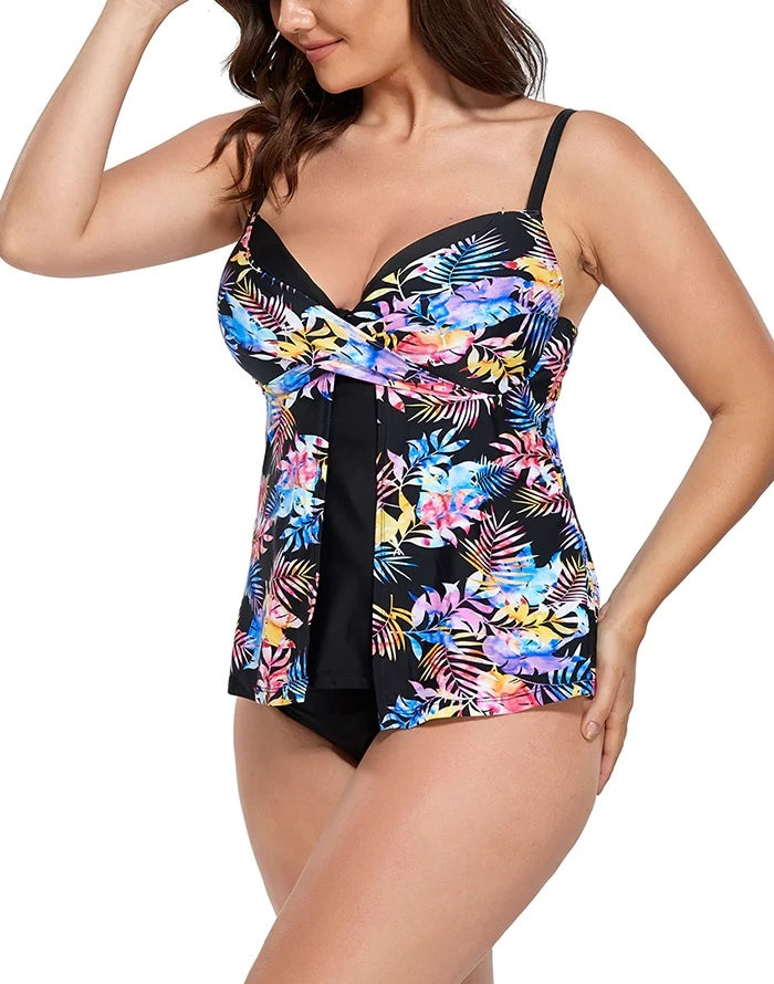 Multi Leaves Faux Flyaway Underwire Tankini Top featuring a scoopneck design, twist-front sweetheart neckline, and adjustable straps in a stylish print.