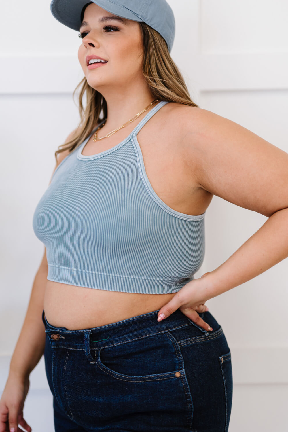 On the Move Scoop Neck Cropped Cami in mineral wash, showcasing ribbed texture and sleeveless design.