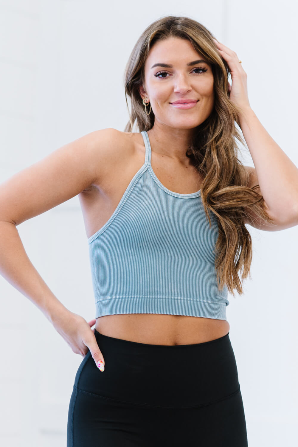 On the Move Scoop Neck Cropped Cami in mineral wash, showcasing ribbed texture and sleeveless design.