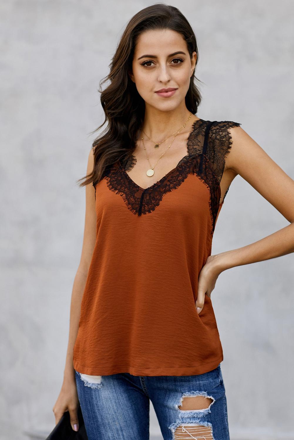 Orange sleeveless lace cami tank top with v-neckline and hollow-out back design, perfect for summer wear.