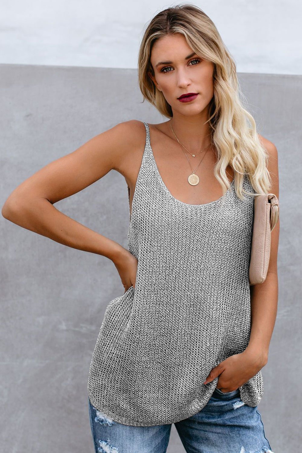 Plain Gray Metallic Knit Cami Tank with spaghetti straps and scoop neckline, showcasing a shimmering fabric perfect for summer.