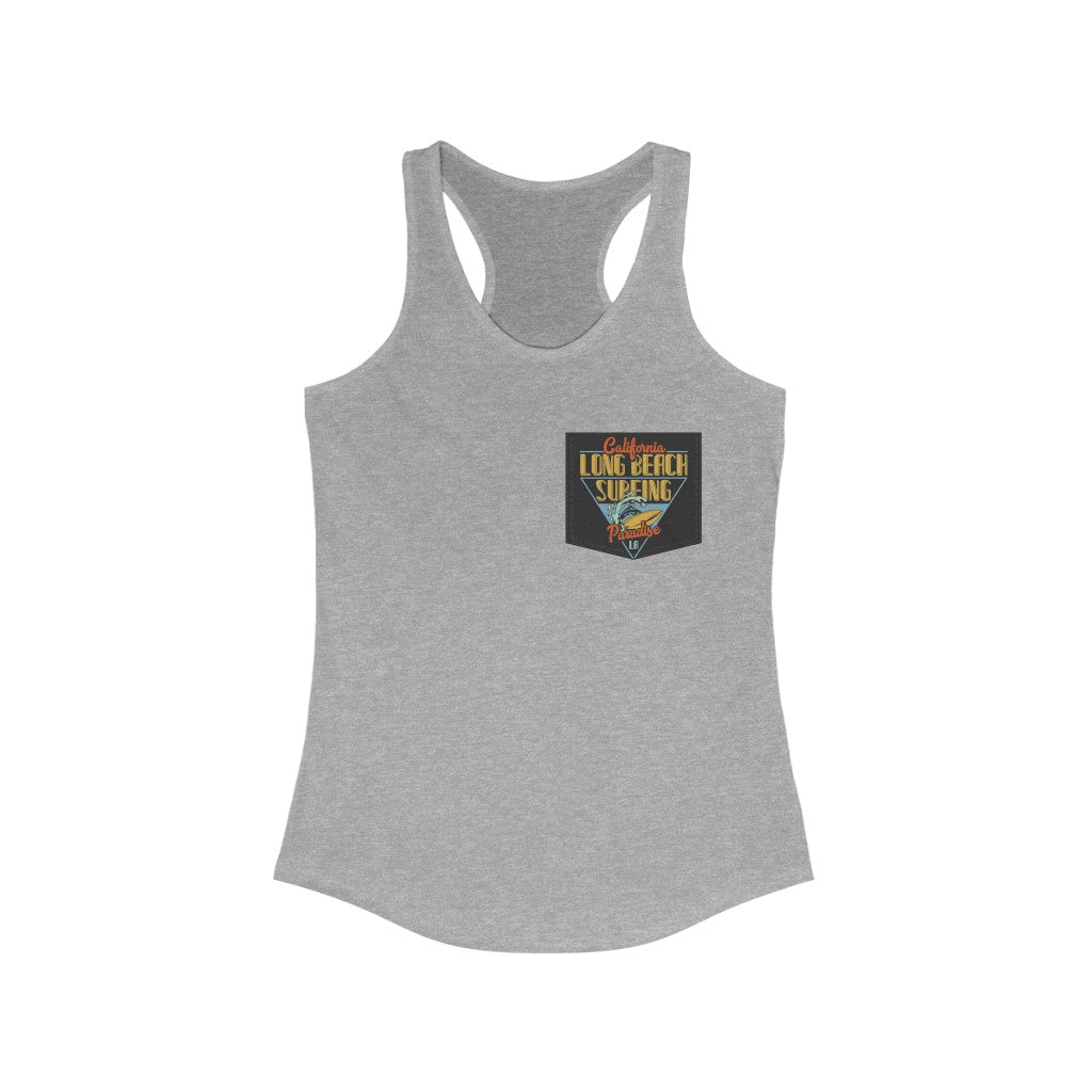 A stylish Pocket Style California Long Beach Surfin Racerback Tank Top featuring a slim fit and fake pocket design, perfect for summer wear.