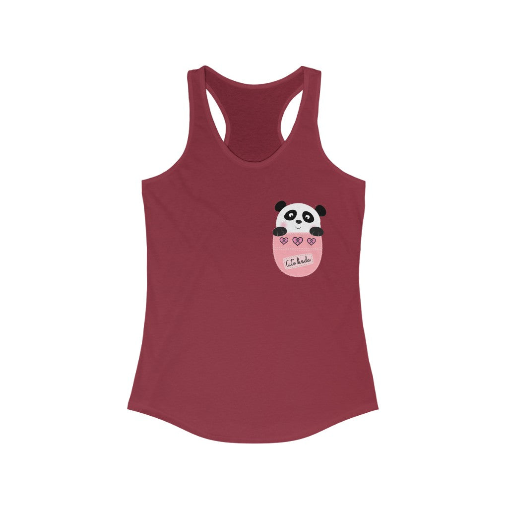 A cute panda graphic on a slim fit racerback tank top, showcasing a stylish fake pocket design.