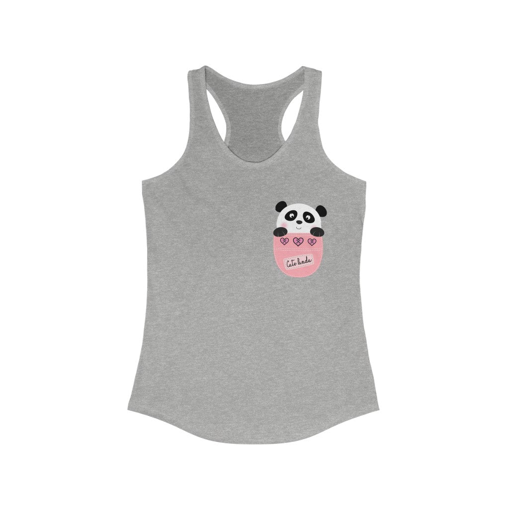 A cute panda graphic on a slim fit racerback tank top, showcasing a stylish fake pocket design.