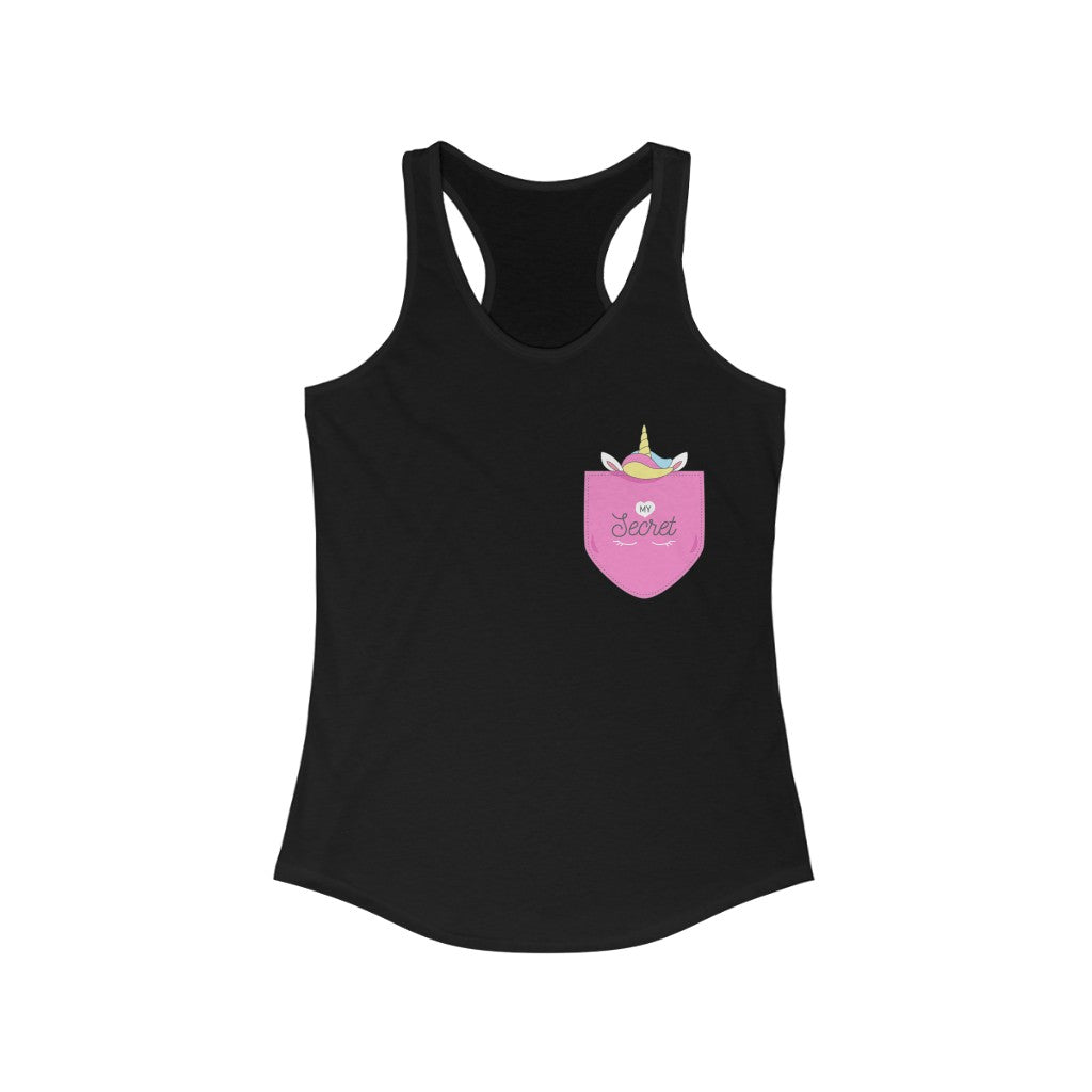 A stylish Pocket Style Unicorn Racerback Tank Top featuring a slim fit and a playful fake pocket design, made from soft cotton and polyester blend.