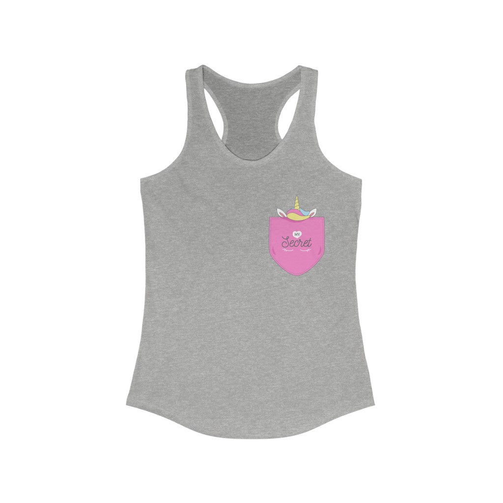 A stylish Pocket Style Unicorn Racerback Tank Top featuring a slim fit and a playful fake pocket design, made from soft cotton and polyester blend.