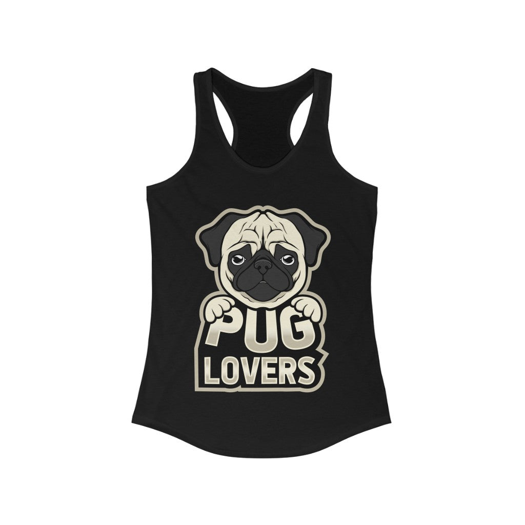 A stylish Pug Lover Racerback Tank Top featuring a slim fit design, made from soft cotton and polyester blend, perfect for pug enthusiasts.