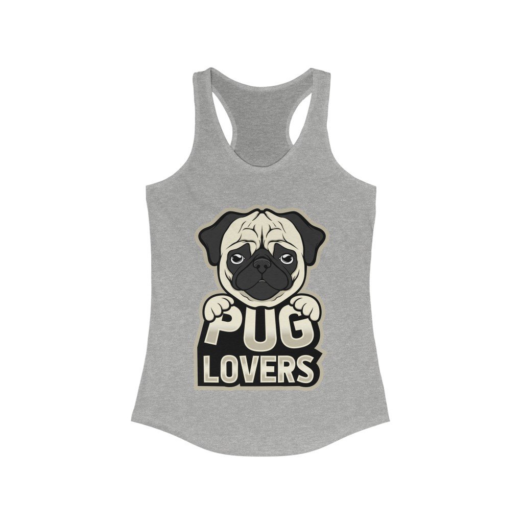 A stylish Pug Lover Racerback Tank Top featuring a slim fit design, made from soft cotton and polyester blend, perfect for pug enthusiasts.