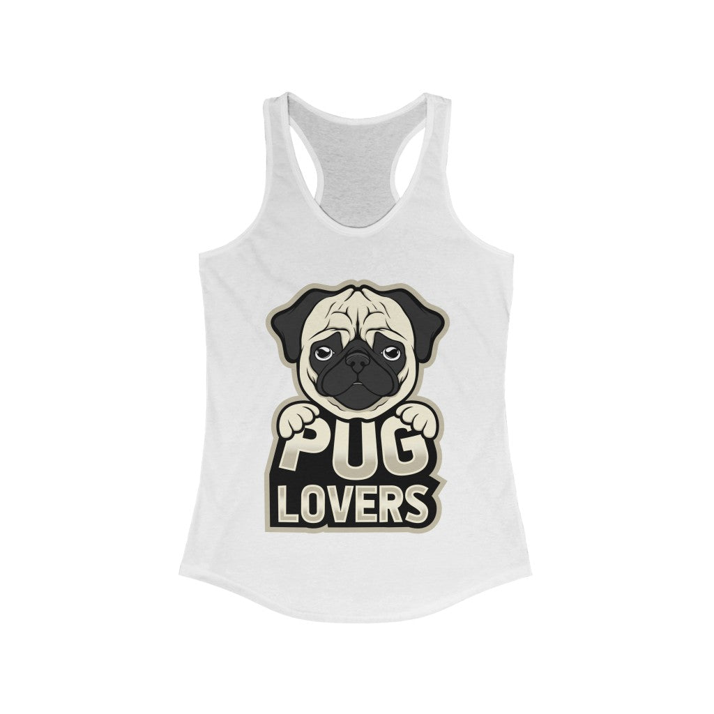 A stylish Pug Lover Racerback Tank Top featuring a slim fit design, made from soft cotton and polyester blend, perfect for pug enthusiasts.