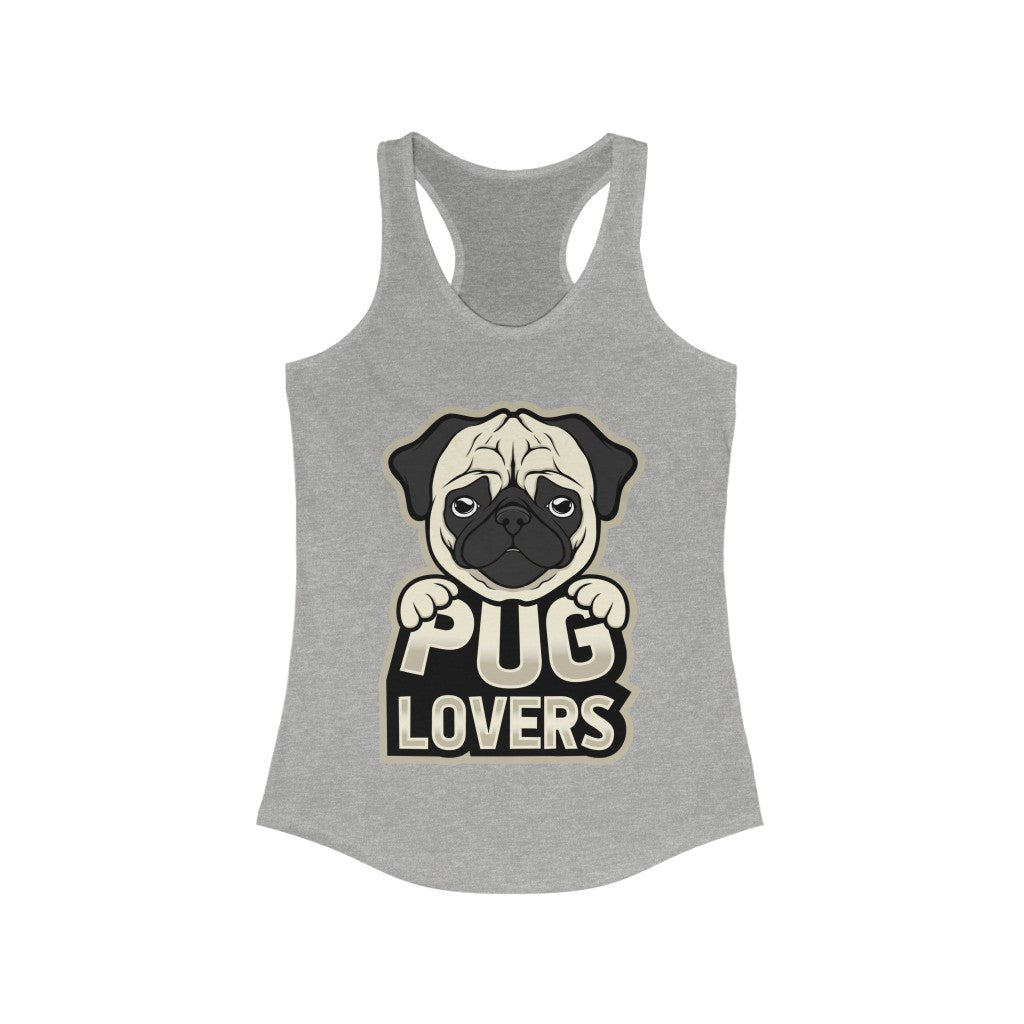 A stylish Pug Lover Racerback Tank Top featuring a slim fit design, made from soft cotton and polyester blend, perfect for pug enthusiasts.