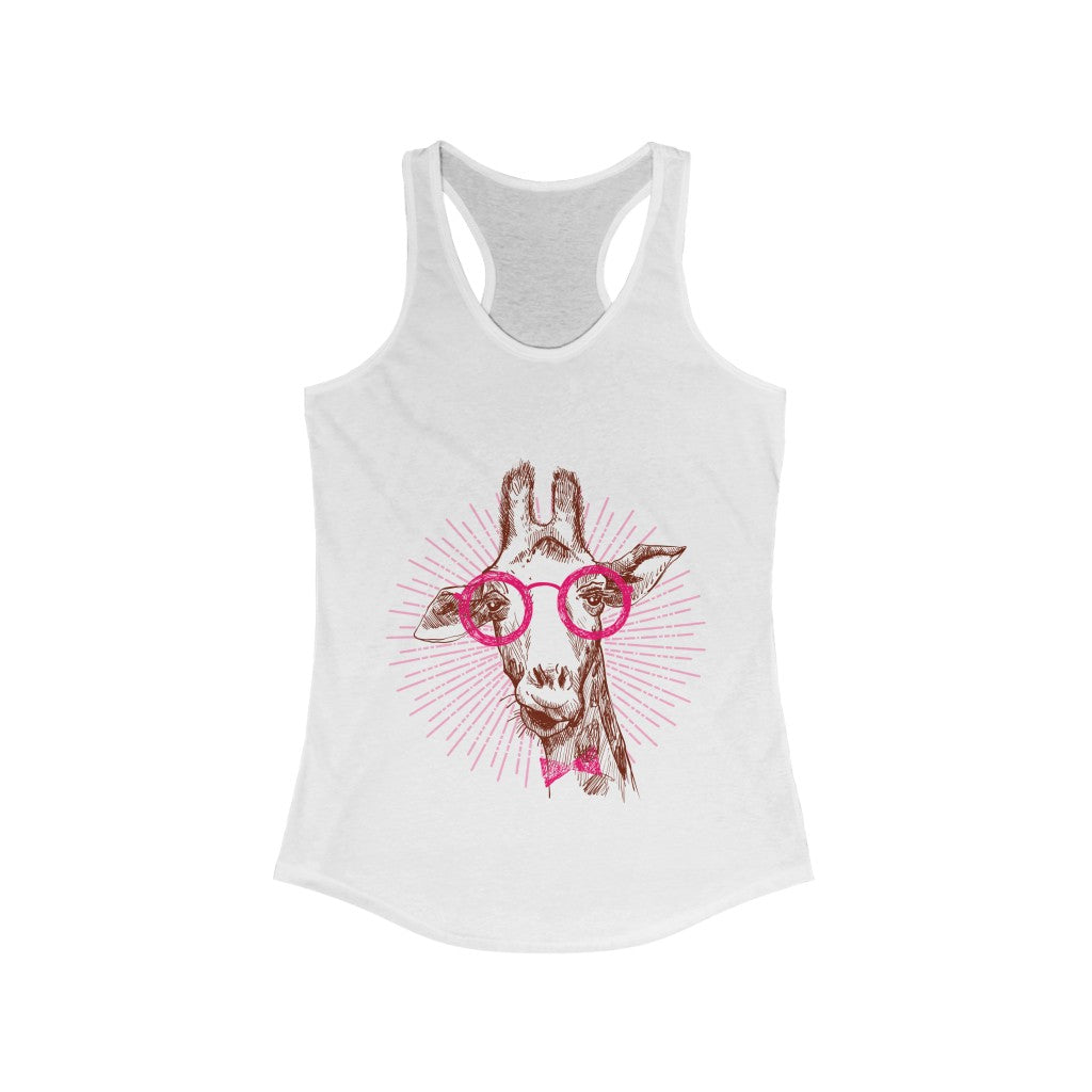 A stylish Reading Giraffe Racerback Tank Top featuring a playful giraffe graphic, made from soft cotton and polyester blend.