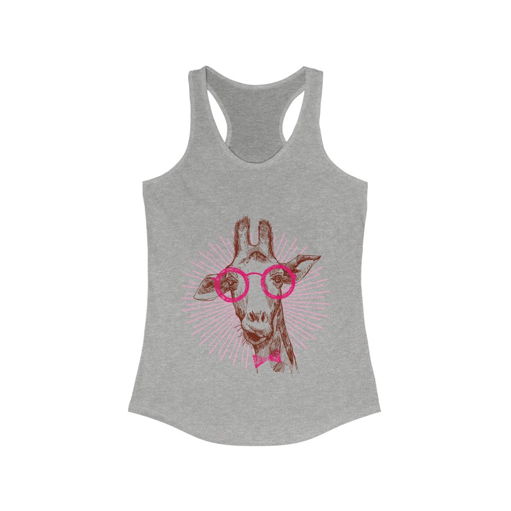 A stylish Reading Giraffe Racerback Tank Top featuring a playful giraffe graphic, made from soft cotton and polyester blend.