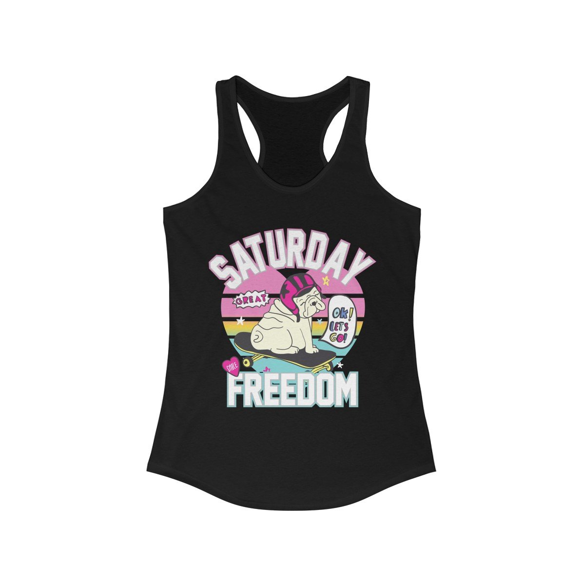 A stylish Saturday Freedom Racerback Tank Top in a vibrant color, showcasing its slim fit and racerback design, perfect for casual wear or workouts.