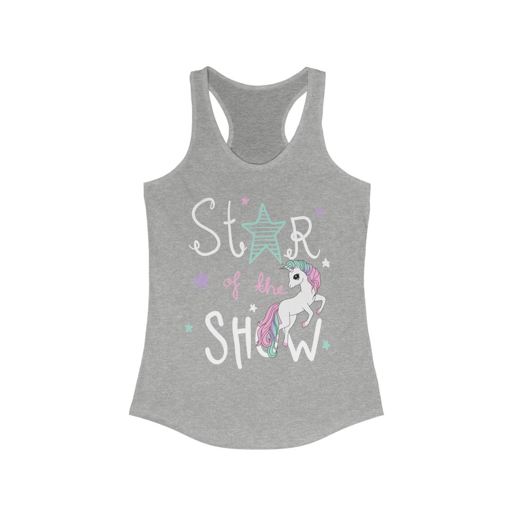 Star of the Show Unicorn Racerback Tank Top featuring a slim fit design in soft cotton and polyester blend, perfect for casual wear.