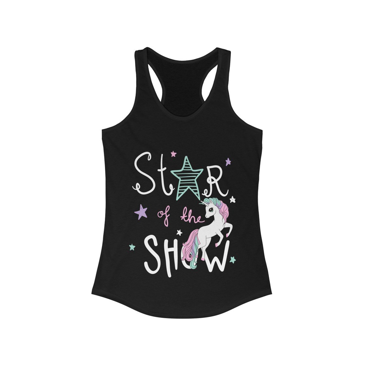 Star of the Show Unicorn Racerback Tank Top featuring a slim fit design in soft cotton and polyester blend, perfect for casual wear.