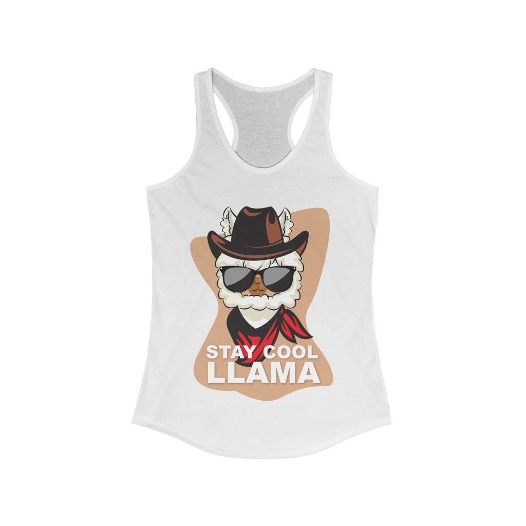 A stylish Stay Cool Llama Racerback Tank Top featuring a playful llama graphic, perfect for summer wear.