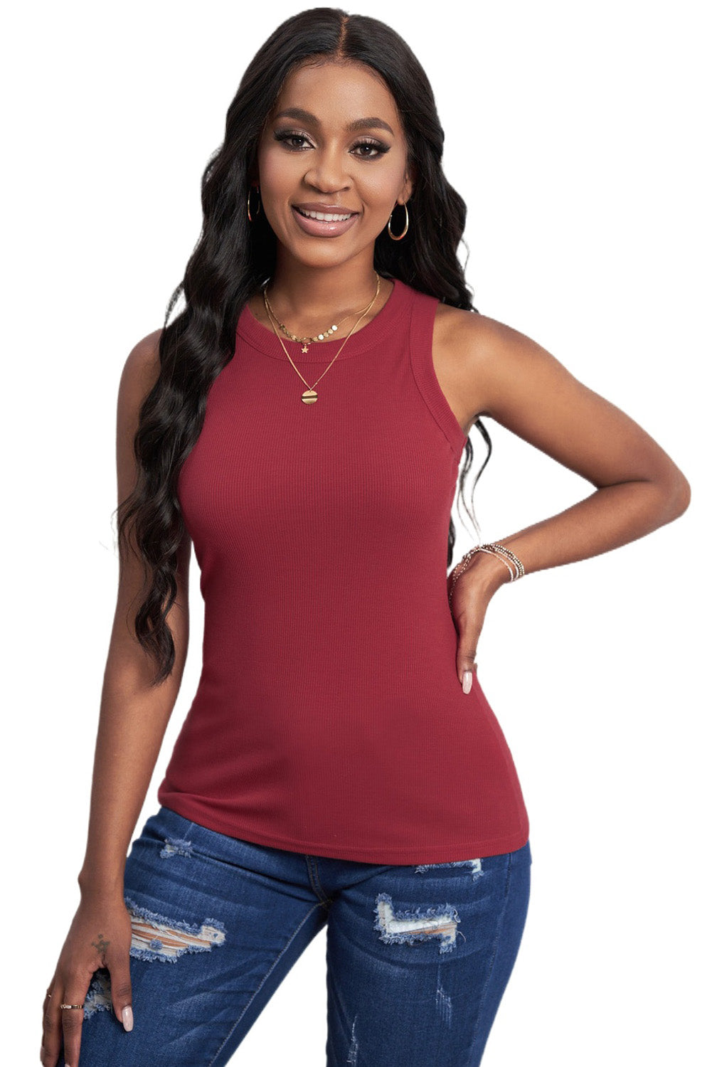 A vibrant red solid ribbed tank top with a round neck and sleeveless design, perfect for summer wear.