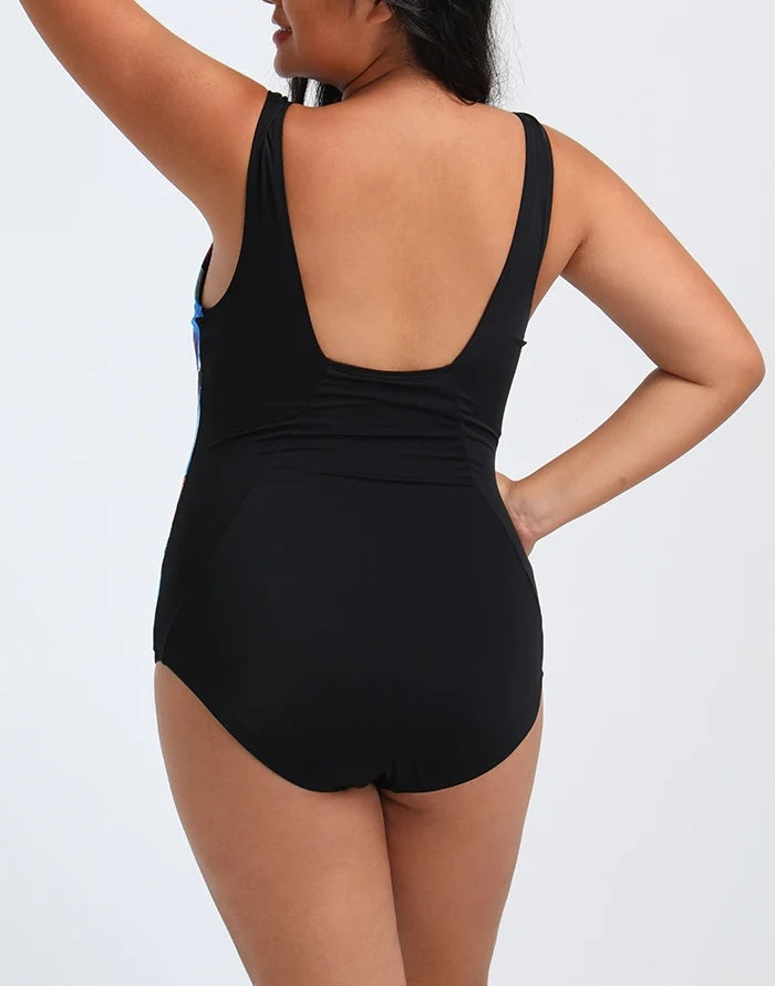 A stylish Tank One Piece Swimsuit featuring a square neckline, encircled shelf bra, and tummy control lining, perfect for beach or pool wear.