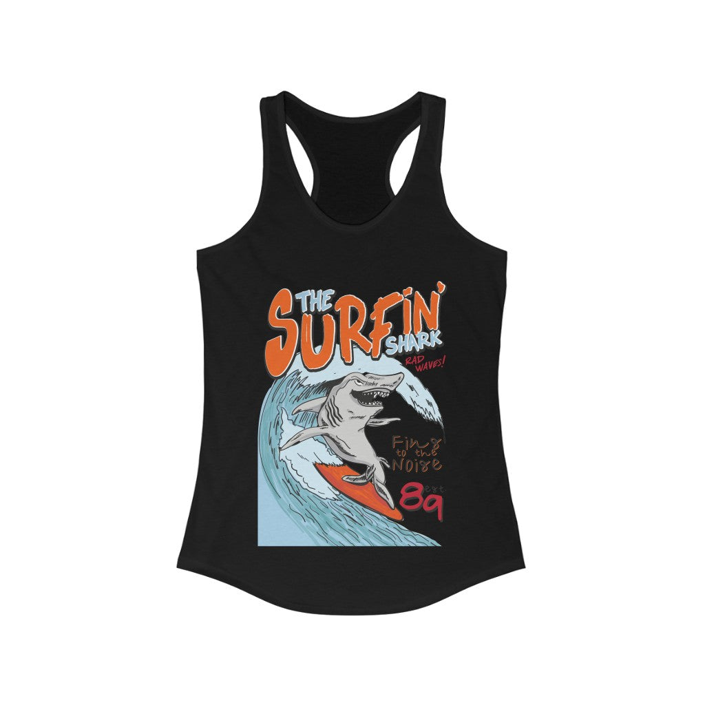 A stylish Surfin Shark Racerback Tank Top featuring a slim fit design, made from soft cotton and polyester blend, perfect for summer wear.