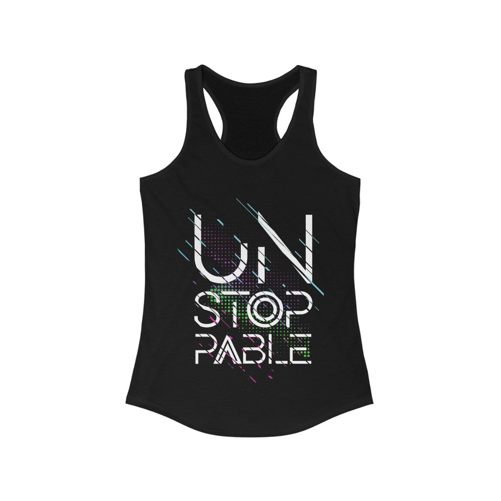 Unstoppable Racerback Tank Top in a slim fit, showcasing soft cotton and polyester blend fabric, perfect for workouts and casual wear.