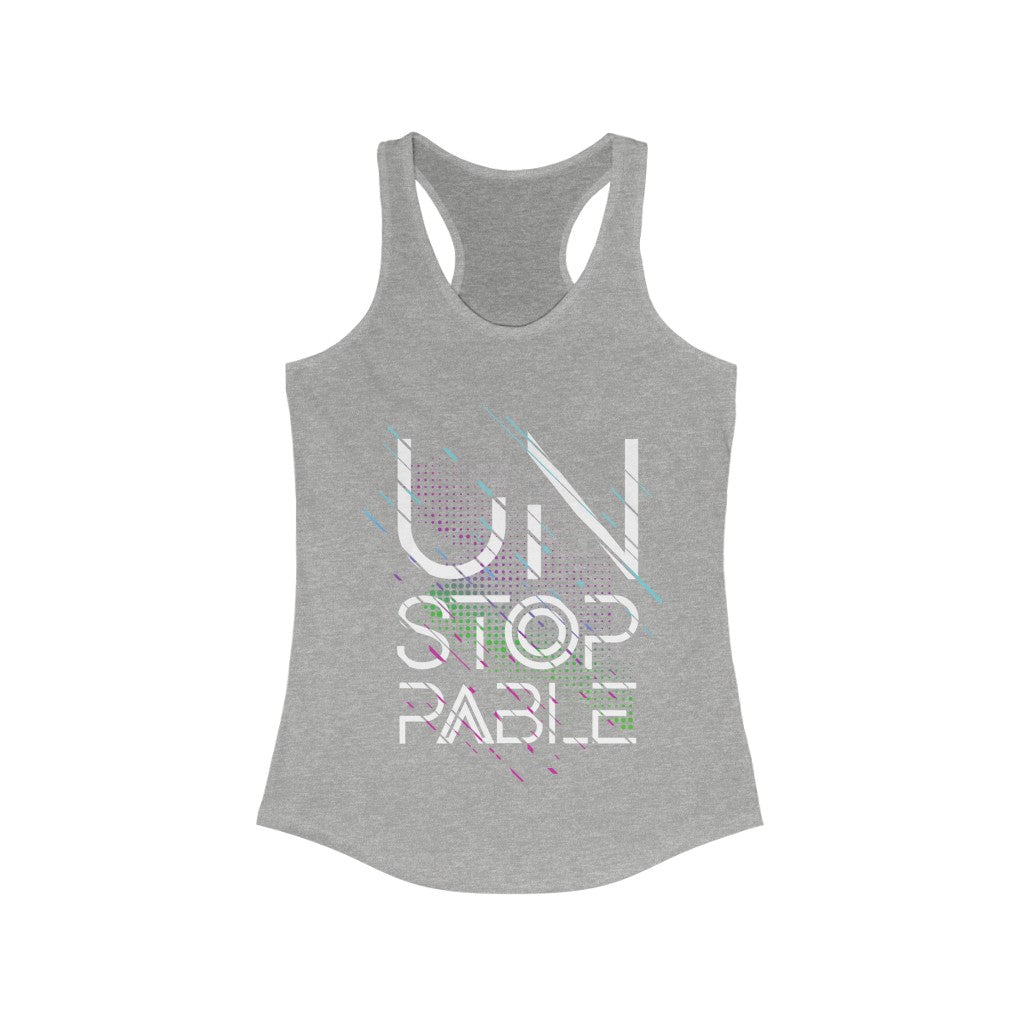 Unstoppable Racerback Tank Top in a slim fit, showcasing soft cotton and polyester blend fabric, perfect for workouts and casual wear.