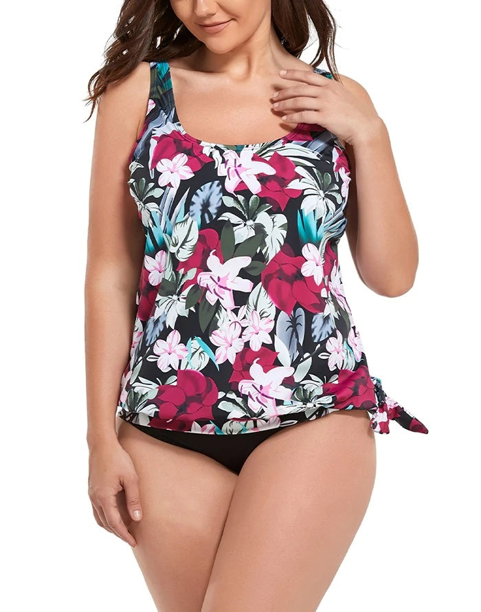 Wine Pink Flower Side Tie Blouson Tankini Top featuring a floral design, scoop neck, and adjustable side-tie hemline.