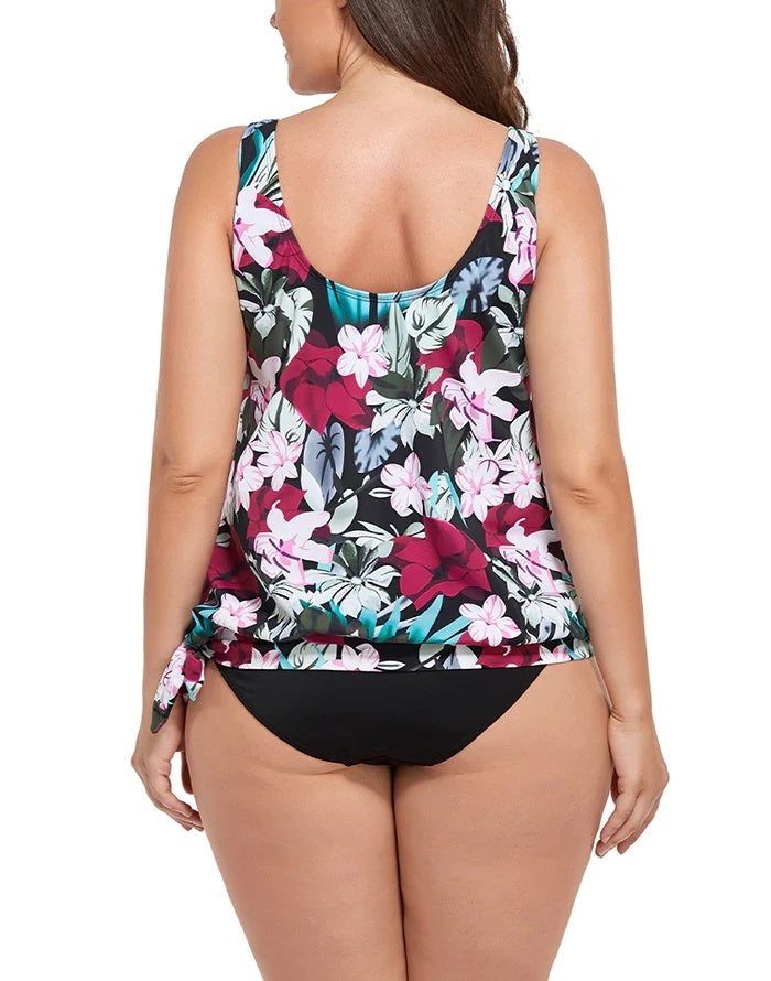 Wine Pink Flower Side Tie Blouson Tankini Top featuring a floral design, scoop neck, and adjustable side-tie hemline.